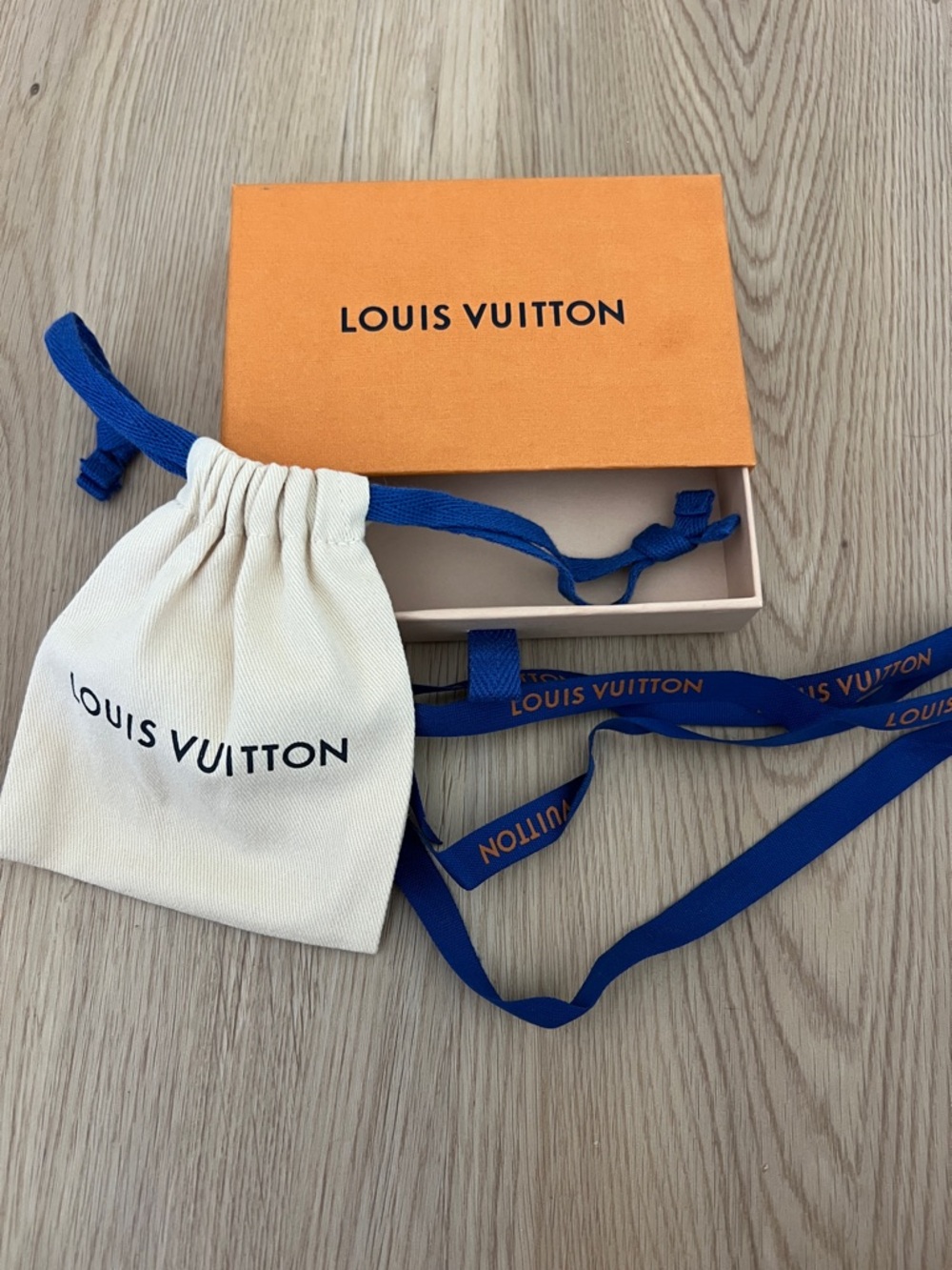 Louis Vuitton Small Orange Box with Cream Pouch and Blue Ribbon